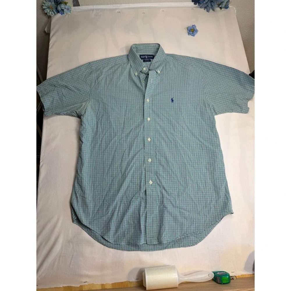 Ralph Lauren Blake M Green Purple Gingham Check Short Sleeve Button Down Shirt